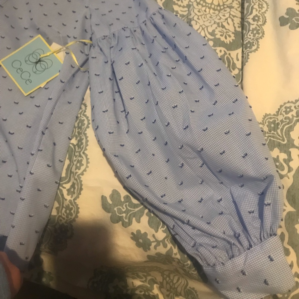 Cece Blue Mini Check Bubble Sleeve Blouse L NEW - Picture 5 of 5